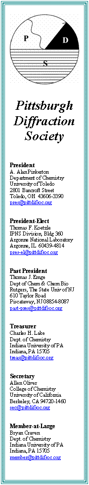 Text Box:  


Pittsburgh
Diffraction
Society



President
A. Alan Pinkerton
Department of Chemistry
University of Toledo
2801 Bancroft Street
Toledo, OH  43606-3390
pres@pittdifsoc.org

 
President-Elect
Thomas F. Koetzle
IPNS Division, Bldg 360
Argonne National Laboratory
Argonne, IL  60439-4814
pres-el@pittdifsoc.org

 
Past President
Thomas J. Emge
Dept of Chem & Chem Bio
Rutgers, The State Univ of NJ
610 Taylor Road
Piscataway, NJ 08854-8087
past-pres@pittdifsoc.org

 
Treasurer
Charles H. Lake
Dept. of Chemistry
Indiana University of PA
Indiana, PA 15705
treas@pittdifsoc.org

 
Secretary
Allen Oliver
College of Chemistry
University of California
Berkeley, CA 94720-1460
sec@pittdifsoc.org

 
Member-at-Large
Bryan Craven
Dept. of Chemistry
Indiana University of PA
Indiana, PA 15705
member@pittdifsoc.org
 

